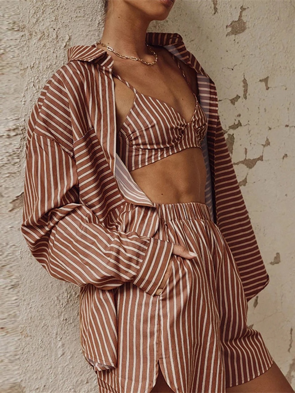 Commense brown Stripe retro style chic button down shirt only size m ll2-22
